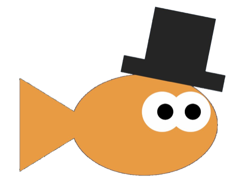 The Fishy Decisions fish: an orange fish wearing a black top hat